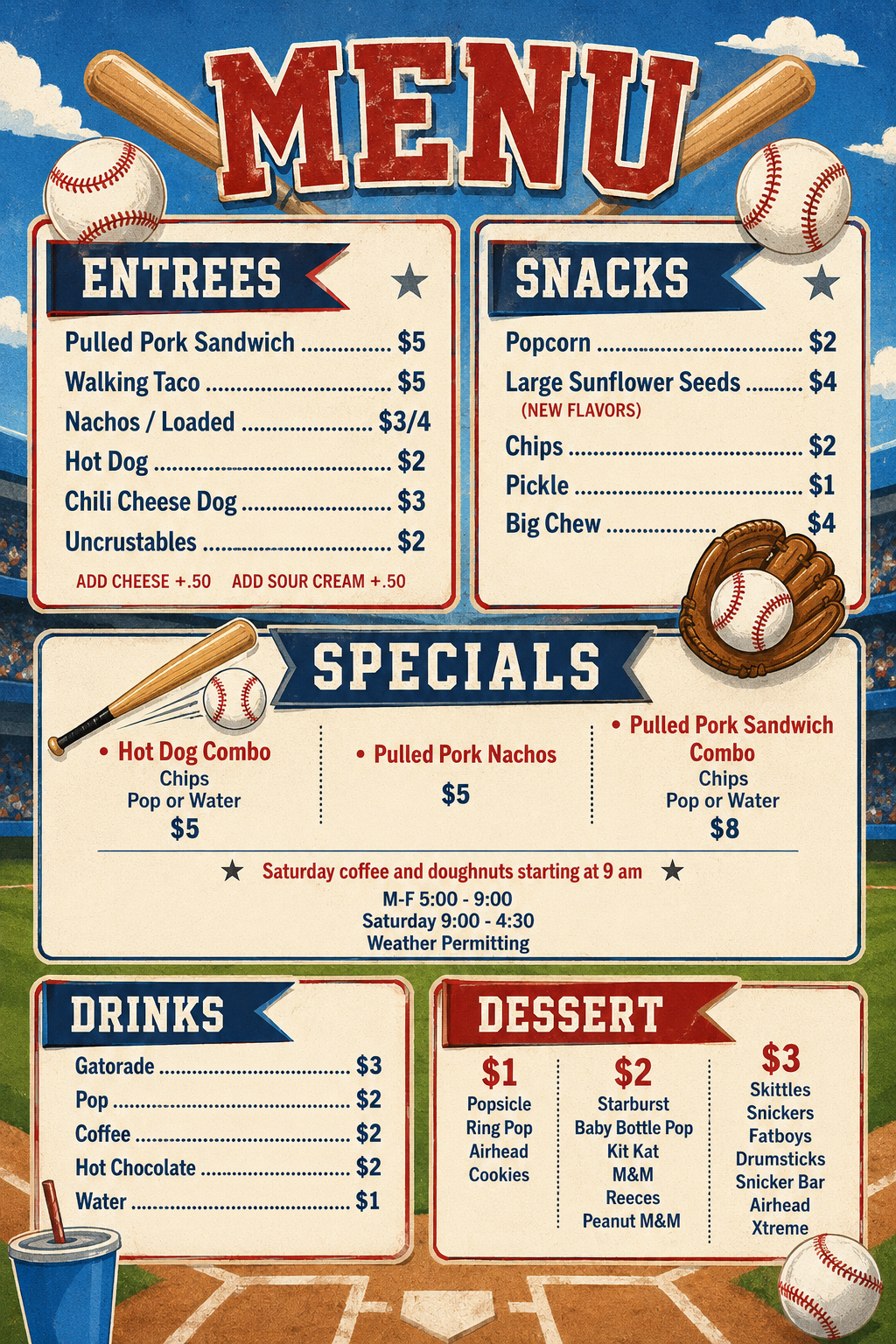 Georgetown Little League concessions menu — entrees, snacks, specials, drinks, and desserts