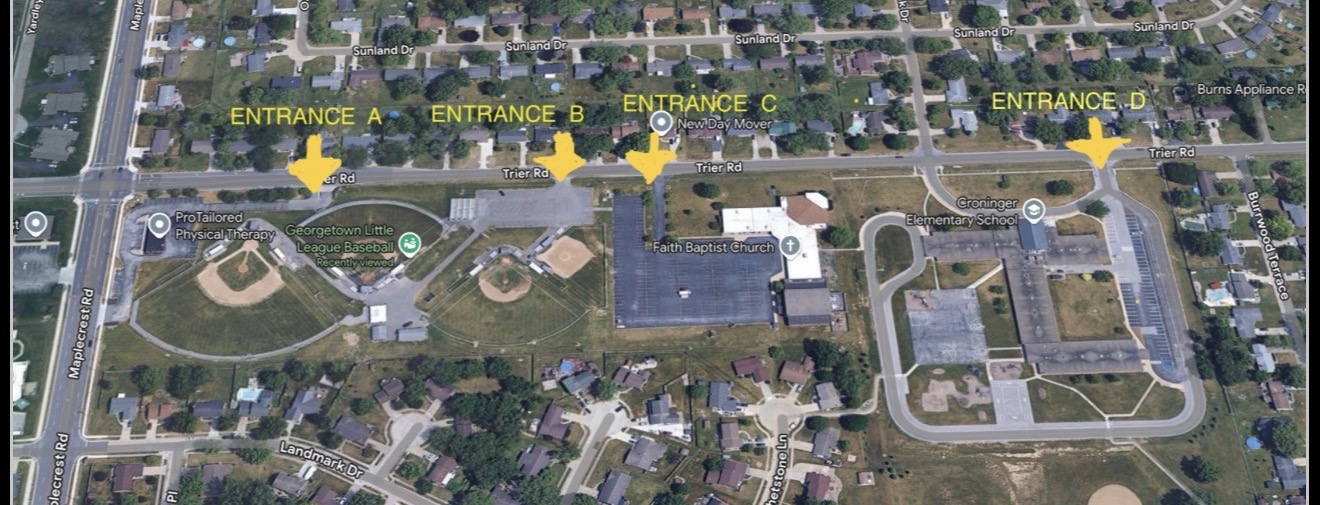 Aerial view of Georgetown Little League parking entrances A through D