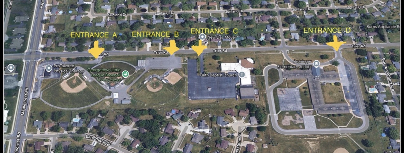 Parking map showing Entrances A through D along Trier Road