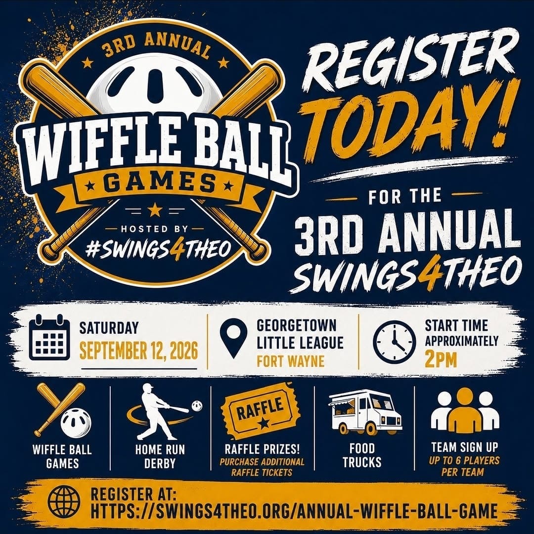 Flyer for the 3rd Annual Swings4Theo Wiffle Ball Games on September 12, 2026 at Georgetown Little League
